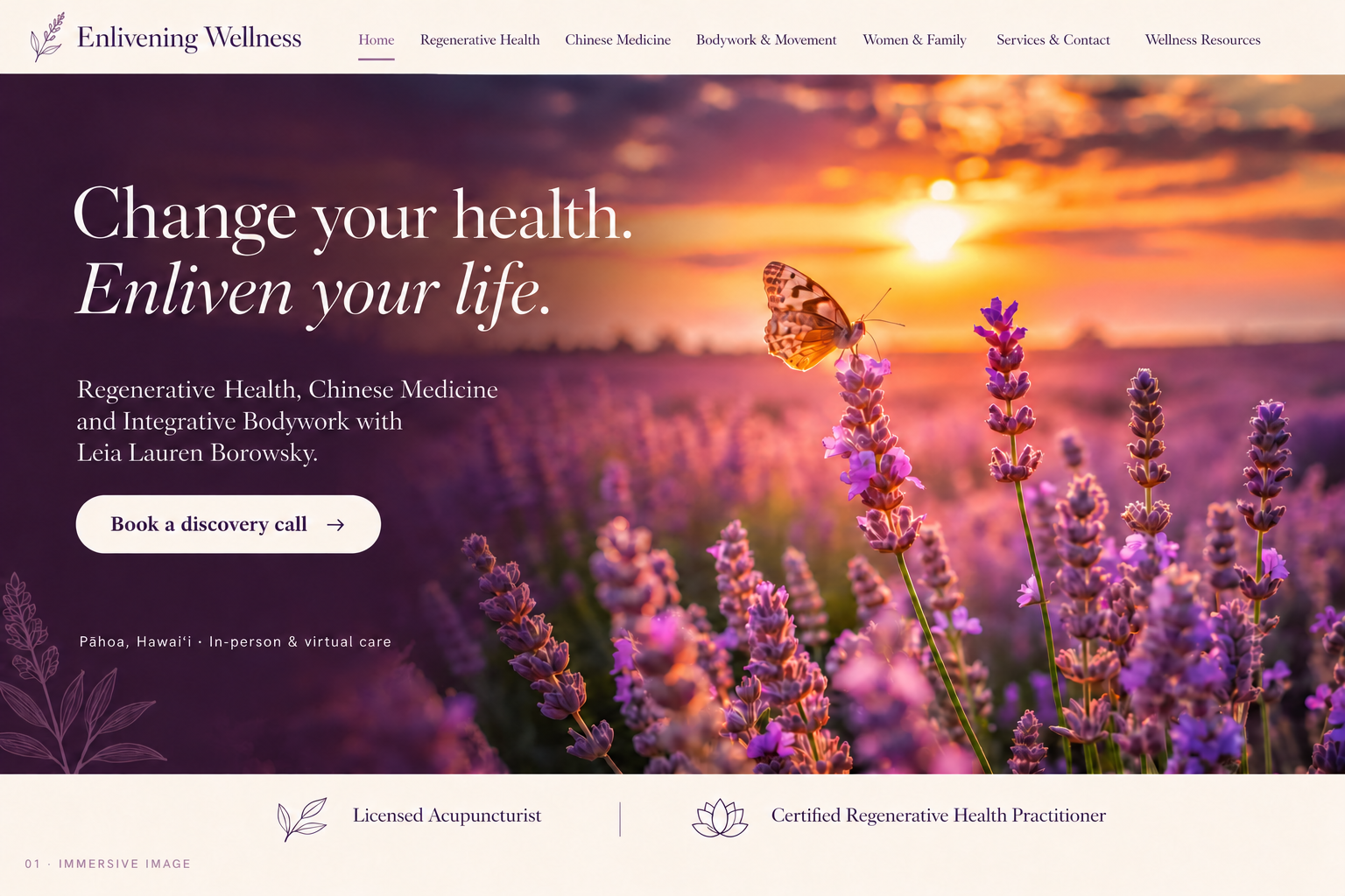 Butterfly and lavender in sunset light, with the Enlivening Wellness introduction and practitioner credentials